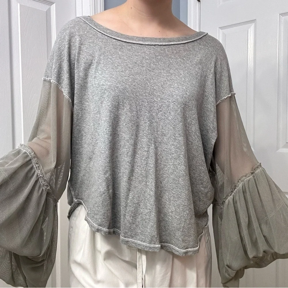 Free People BlouseFlare Sleeve Mesh Cut Out Gray Boho Lagenlook Size Extra Small